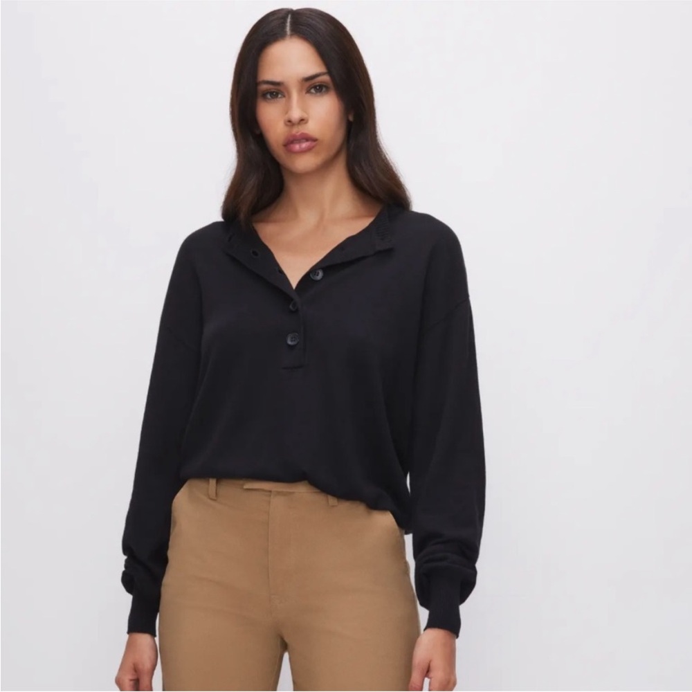 Good American Tissue Weight Cotton Blend Henley Sweater Black NWT L/ XL